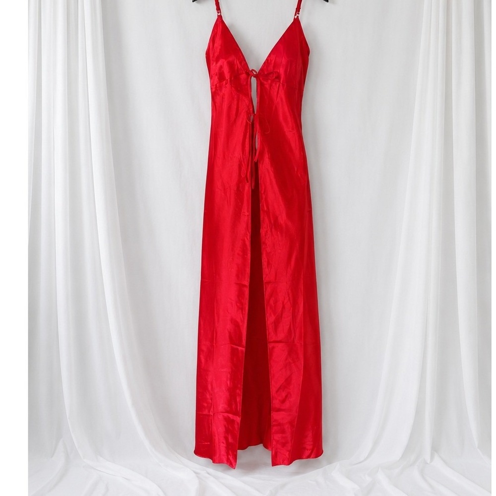 VTG Fredericks of‎ Hollywood Red Satin Duster Gown Tie Front Lingerie 1X